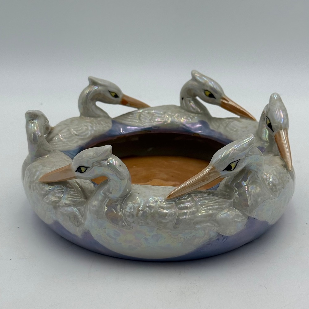 Vintage Japanese Lusterware Pelican Heron Bird Bowl Iridescent Ceramic 6.5"